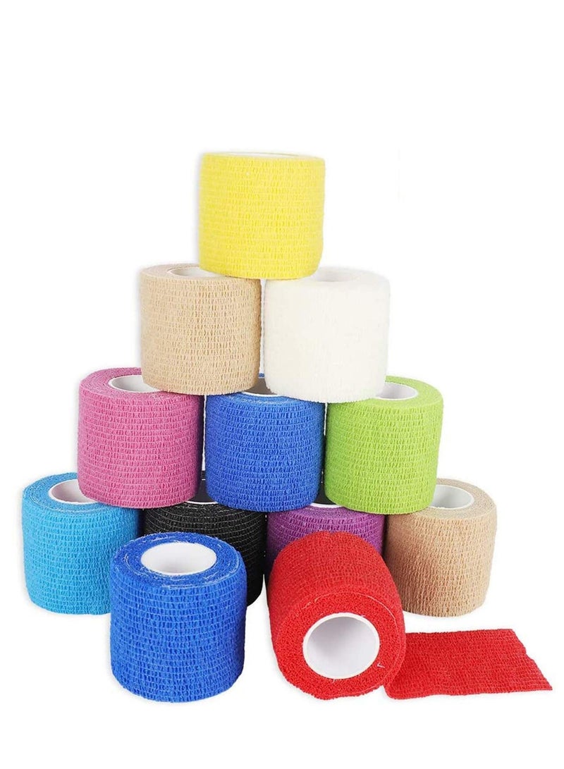 Cohesive Bandages 12 Rolls 10 Colour Self Adherent Non Woven Bandage Wrap Pet Vet Elastic Sports Water Repellent Breathable for Wrist Ankle Strains Sprains Swelling