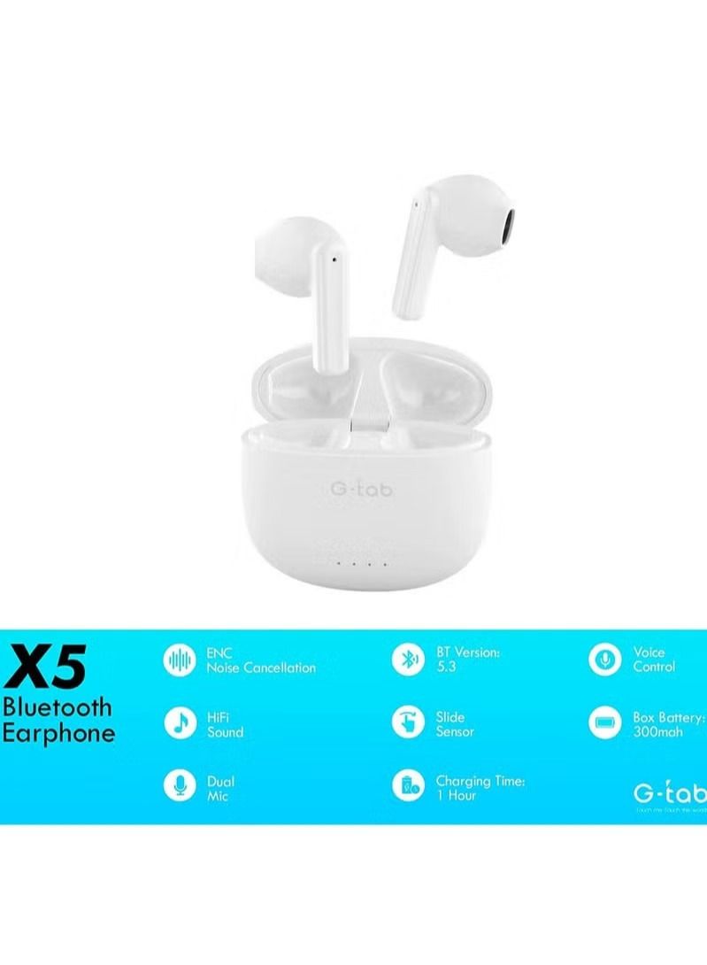 G tab Wireless Earbuds X5 Bluetooth V5.3 Wireless Headset Earphones with Dual Mic Noice Cancelation White
