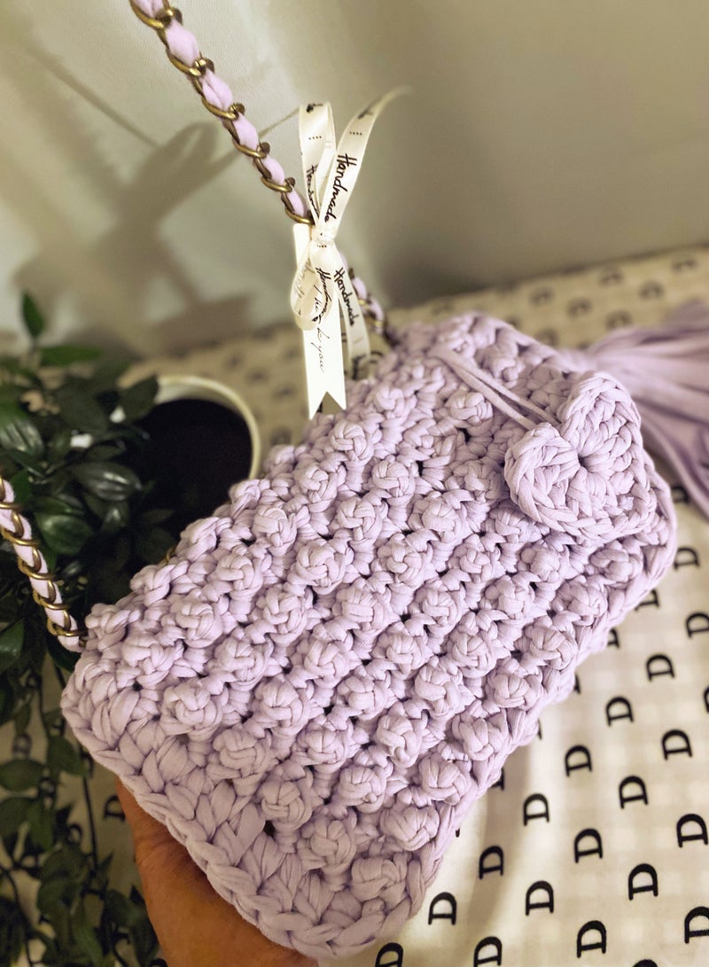 Pastel Purple Bubble Stitch t-shirt yarn Sling bag with bronze chain strap