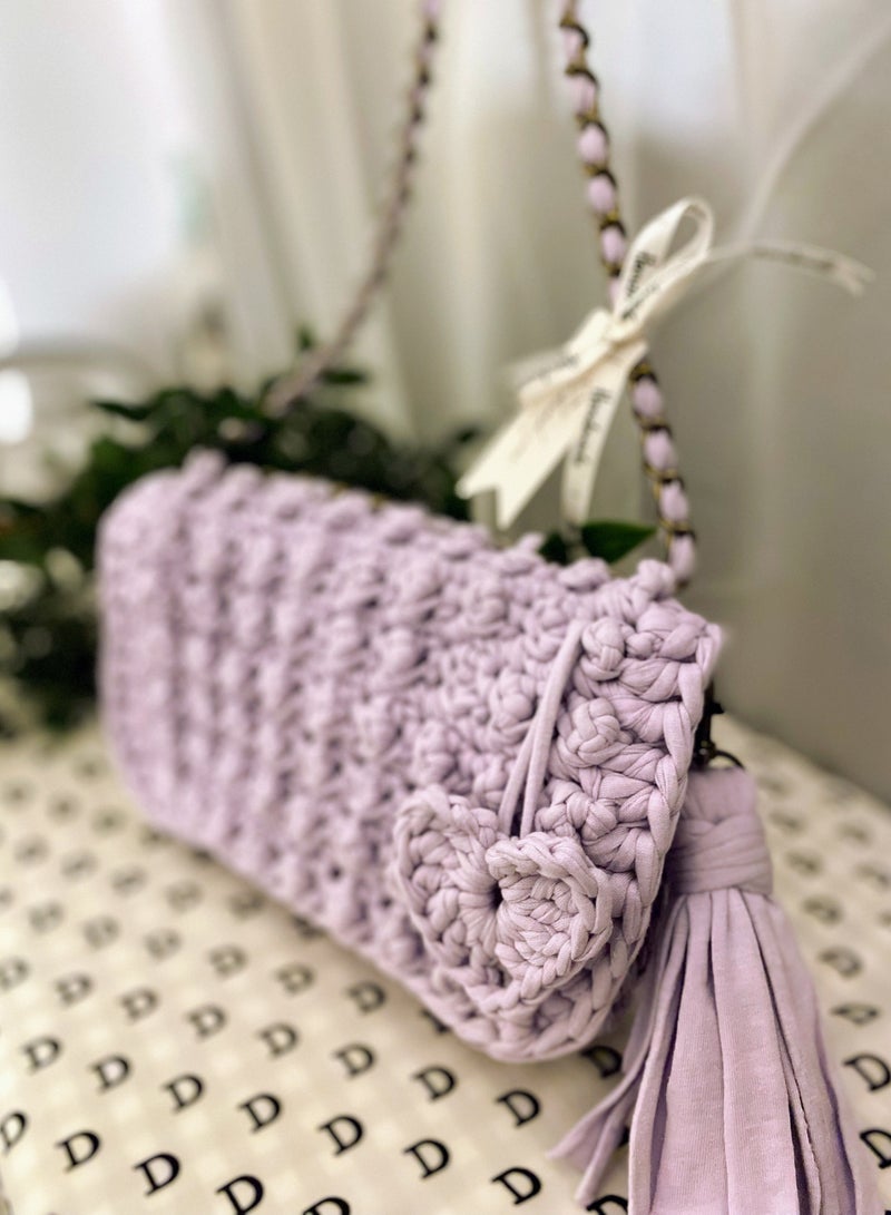 Pastel Purple Bubble Stitch t-shirt yarn Sling bag with bronze chain strap