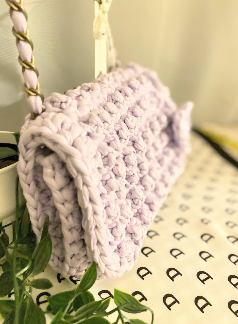 Pastel Purple Bubble Stitch t-shirt yarn Sling bag with bronze chain strap