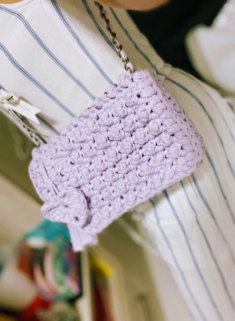 Pastel Purple Bubble Stitch t-shirt yarn Sling bag with bronze chain strap