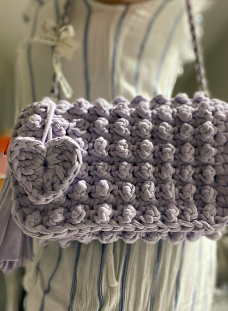 Pastel Purple Bubble Stitch t-shirt yarn Sling bag with bronze chain strap