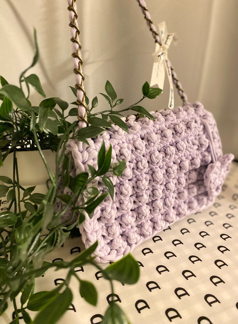 Pastel Purple Bubble Stitch t-shirt yarn Sling bag with bronze chain strap