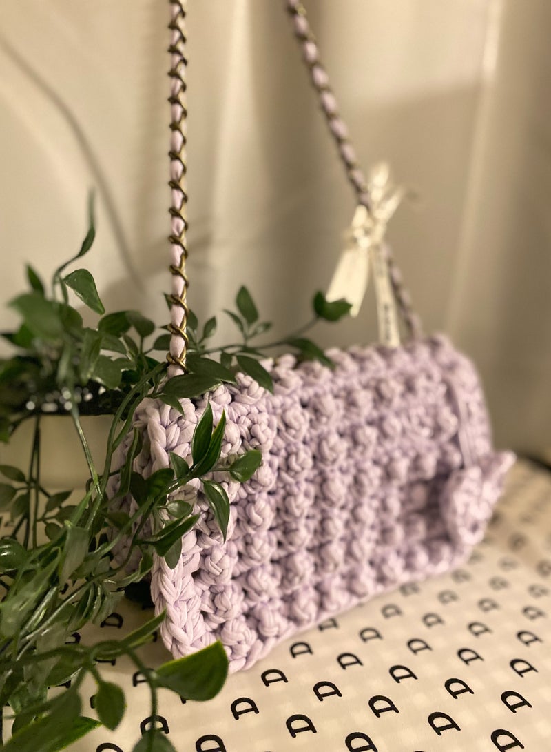 Pastel Purple Bubble Stitch t-shirt yarn Sling bag with bronze chain strap