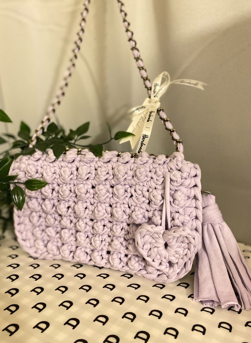 Pastel Purple Bubble Stitch t-shirt yarn Sling bag with bronze chain strap