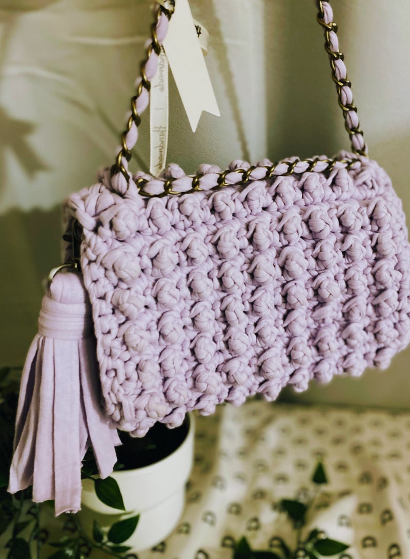 Pastel Purple Bubble Stitch t-shirt yarn Sling bag with bronze chain strap