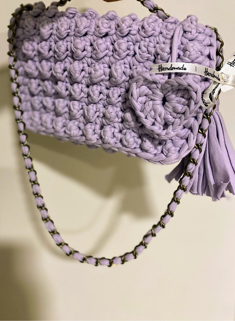 Pastel Purple Bubble Stitch t-shirt yarn Sling bag with bronze chain strap