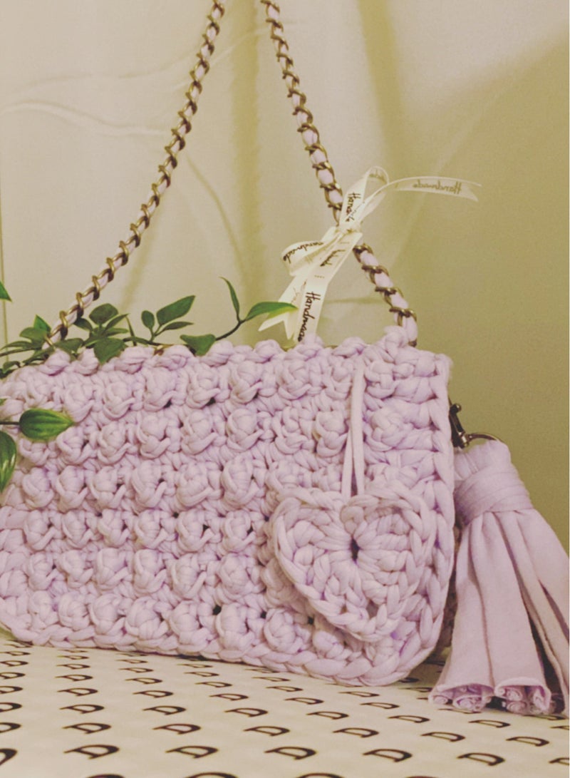 Pastel Purple Bubble Stitch t-shirt yarn Sling bag with bronze chain strap