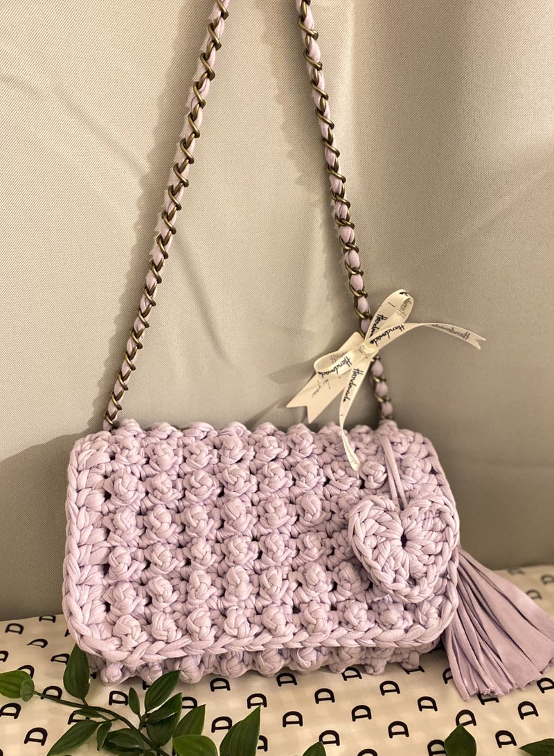 Pastel Purple Bubble Stitch t-shirt yarn Sling bag with bronze chain strap