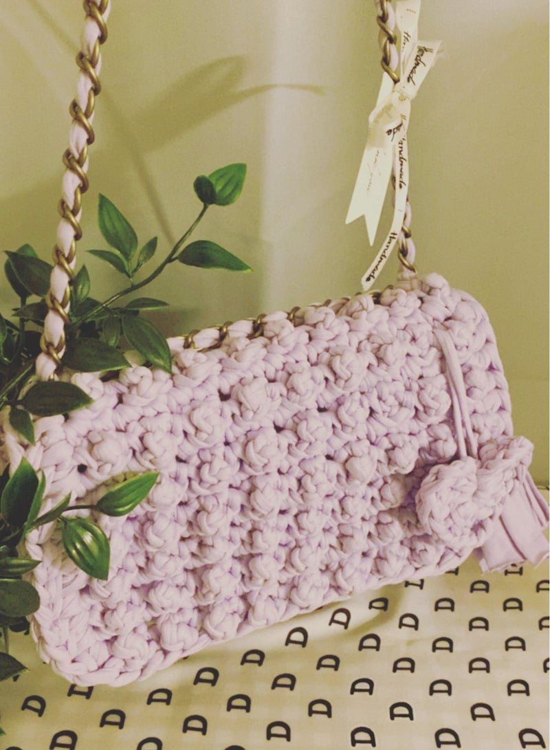 Pastel Purple Bubble Stitch t-shirt yarn Sling bag with bronze chain strap