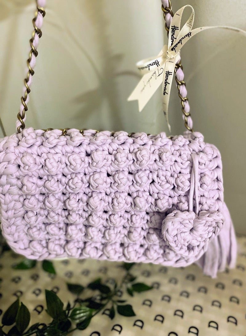 Pastel Purple Bubble Stitch t-shirt yarn Sling bag with bronze chain strap