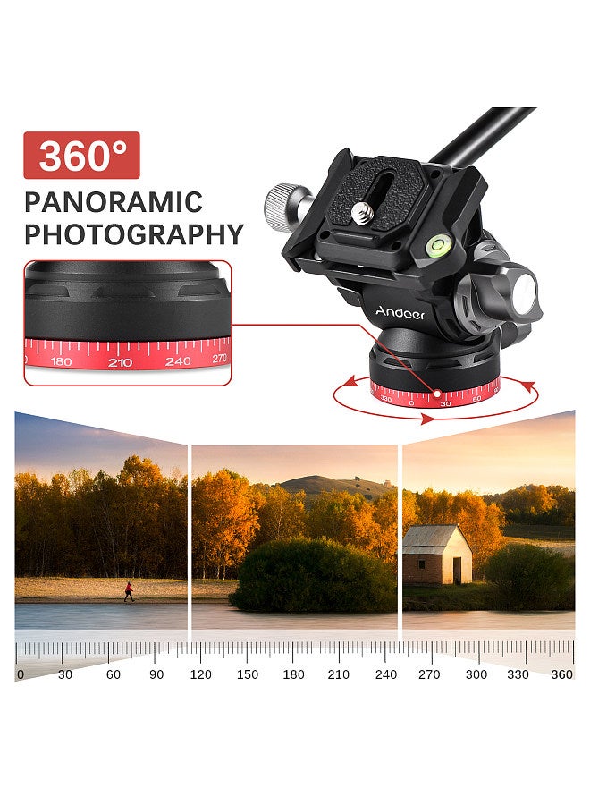 Andoer Compact Video Fluid Head Pan Tilt Tripod Head Panorama Ballhead Tripod Mount Aluminum Alloy 1/4 Inch Screw 10kg/22lbs Load Capacity with Handle Quick Release Plate
