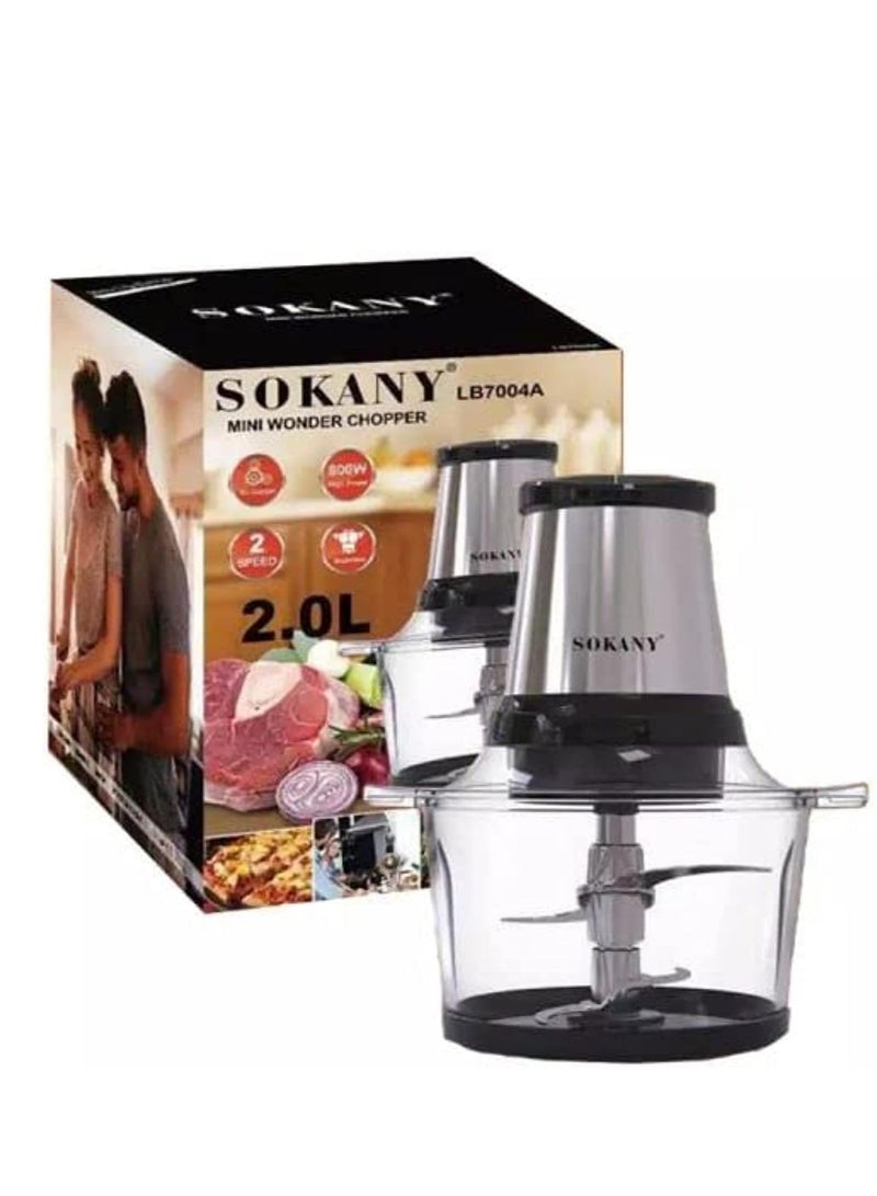 sokany food chopper LB7004A 800W motor 2liter capacity shock resistance glass 3 pine 4 blades suitable for meat vegetable etc