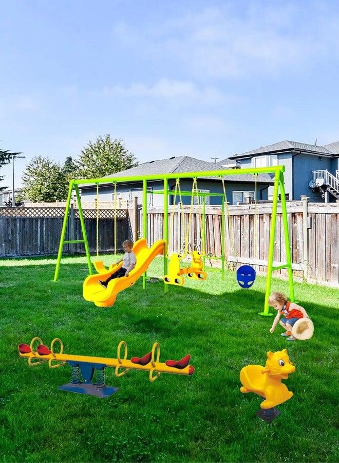 Preschool Custom Outdoor Playground Equipment For Children Outdoor Kids Swing Slide Playset With Seesaw Monkey Bar Sping Rider