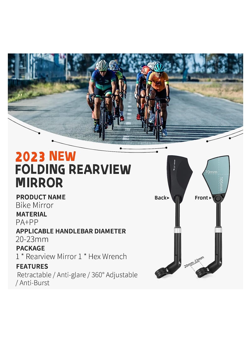 Bike Mirror, Anti-Glare Handlebar Bicycle Rear View Mirror, Retractable and 360° Rotation Adjustable, HD View Stable Image, for 20-23mm Handlebar (Left)