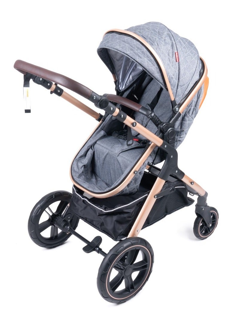 Belecoo One Fold-to-Half Luxury Baby Stroller 2-in-1 Travel Pram & Bassinet – Lightweight Compact Foldable Pushchair with Reversible Handlebar, Adjustable Reclining Backrest, Extendable Canopy, Shock Absorbing Wheels, Storage Basket – High Landscape Newborn & Toddler Stroller for Boys & Girls – Elegant Grey