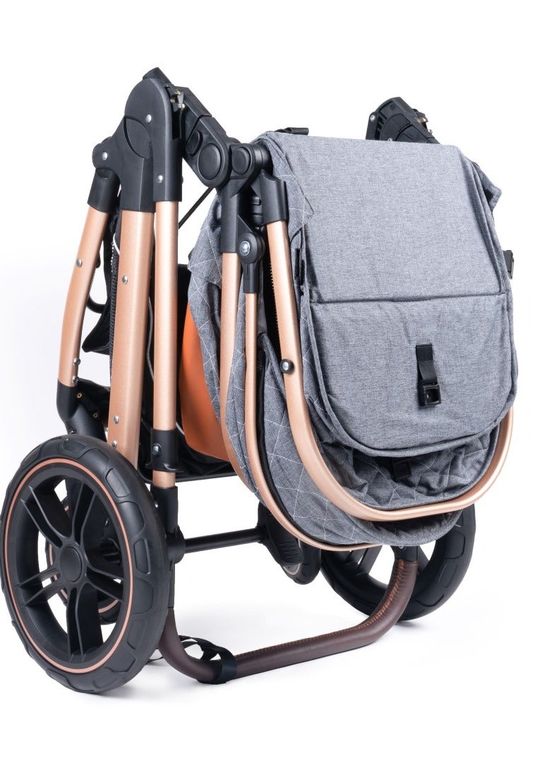 Belecoo One Fold-to-Half Luxury Baby Stroller 2-in-1 Travel Pram & Bassinet – Lightweight Compact Foldable Pushchair with Reversible Handlebar, Adjustable Reclining Backrest, Extendable Canopy, Shock Absorbing Wheels, Storage Basket – High Landscape Newborn & Toddler Stroller for Boys & Girls – Elegant Grey