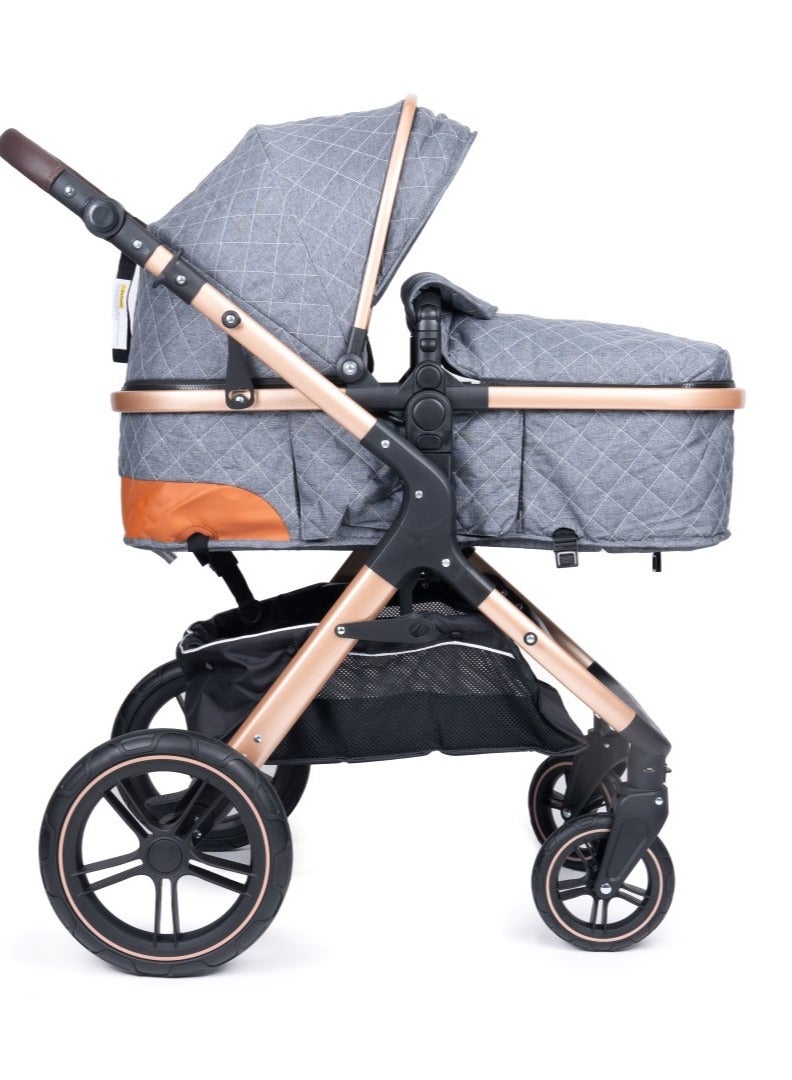 Belecoo One Fold-to-Half Luxury Baby Stroller 2-in-1 Travel Pram & Bassinet – Lightweight Compact Foldable Pushchair with Reversible Handlebar, Adjustable Reclining Backrest, Extendable Canopy, Shock Absorbing Wheels, Storage Basket – High Landscape Newborn & Toddler Stroller for Boys & Girls – Elegant Grey