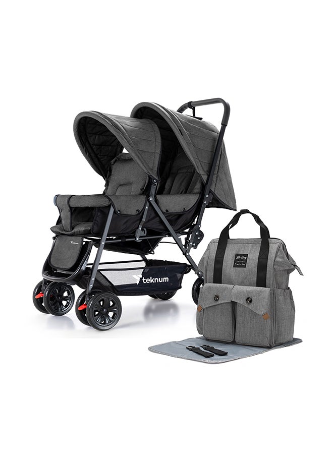 Double Baby Stroller Pram, Diaper Bag With Stroller Hooks, Changing Mat, Pouch, Wide Seat And Canopy Big Basket 5 Point Seat Belt - Dark Grey