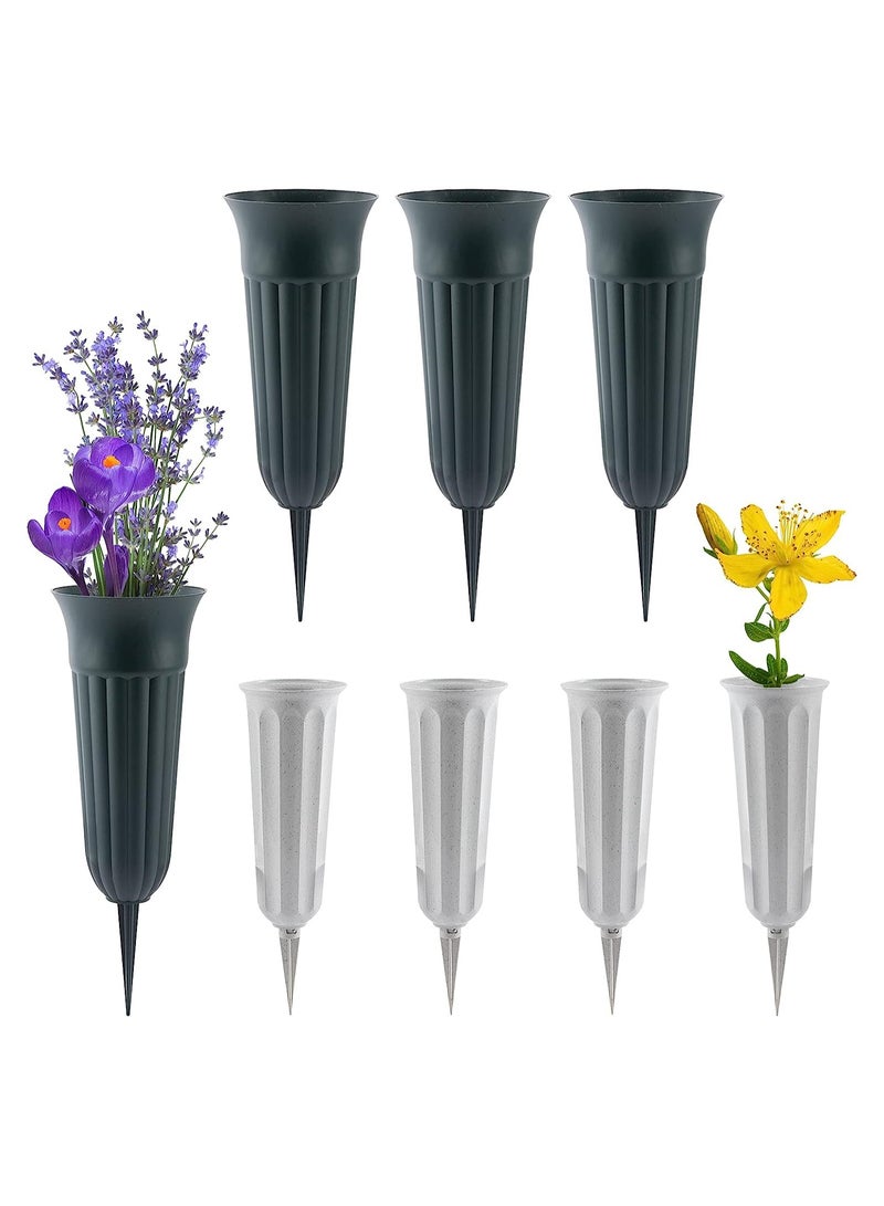 Plastic Cemetery Cone Vases with Spikes Memorial Flower Vase Flower Holder for Cemetery Memorial Cemetery Decorations 8 Pack (Gray and Green)