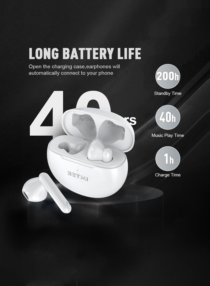 BETMI - True Wireless Earbuds - In-Ear Bluetooth5.3 Headphones, IPX5 Waterproof TWS With Dual Mic For Sport, Light-Weight Earphones For Android iOS/iPhone - White