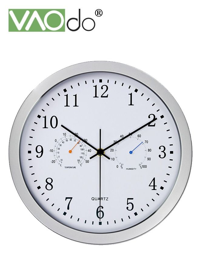 12 Inch Wall Clock Sweep Silent Movement Accurate Clocks with Temperature & Humidity Decorative for Kitchen Living Room Bedroom Office School Classroom
