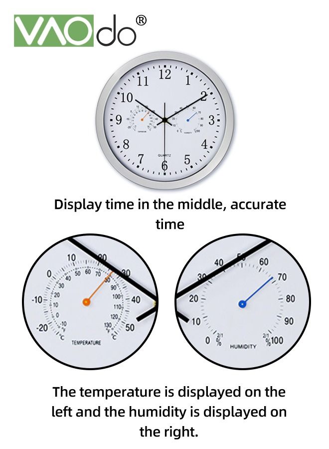 12 Inch Wall Clock Sweep Silent Movement Accurate Clocks with Temperature & Humidity Decorative for Kitchen Living Room Bedroom Office School Classroom