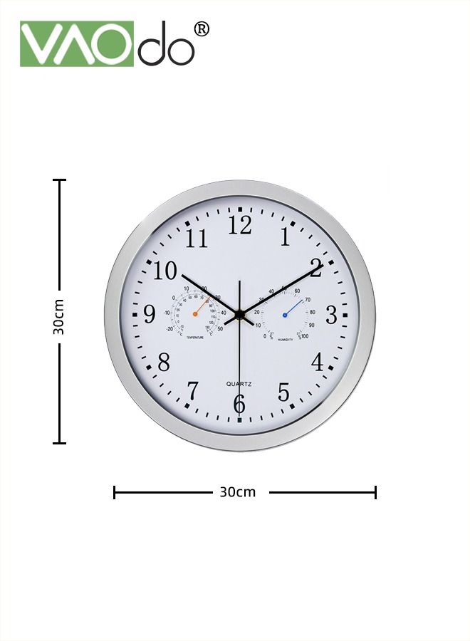 12 Inch Wall Clock Sweep Silent Movement Accurate Clocks with Temperature & Humidity Decorative for Kitchen Living Room Bedroom Office School Classroom