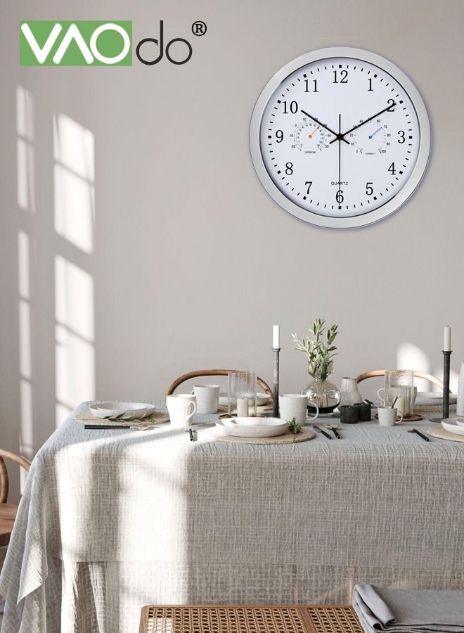 12 Inch Wall Clock Sweep Silent Movement Accurate Clocks with Temperature & Humidity Decorative for Kitchen Living Room Bedroom Office School Classroom