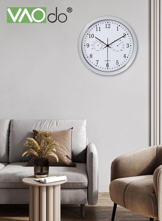 12 Inch Wall Clock Sweep Silent Movement Accurate Clocks with Temperature & Humidity Decorative for Kitchen Living Room Bedroom Office School Classroom