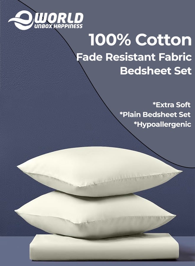 3 Piece Luxury Cream Color Plain Bed Sheet Set with 1 Fitted Sheet and 2 Pillowcases for Hotel and Home Crafted from Ultra Soft and Breathable Cotton for Year-Round Comfort, (Double size)