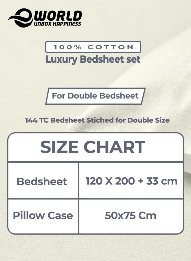 3 Piece Luxury Cream Color Plain Bed Sheet Set with 1 Fitted Sheet and 2 Pillowcases for Hotel and Home Crafted from Ultra Soft and Breathable Cotton for Year-Round Comfort, (Double size)