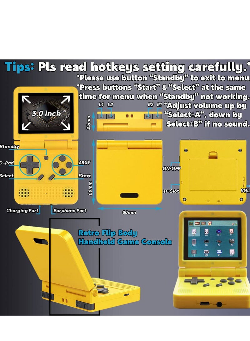 Flip Handheld Game Console with 3 inch IPS Screen Portable Mini Retro Game Console Open System 64GB TF Card Built-in Game Video Console Built-in Rechargeable Battery-Yellow