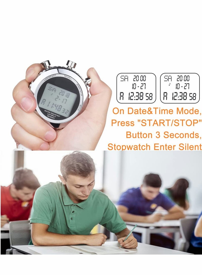 Sports Stopwatch Silent Timer Lap Split Digital Metal with Clock Calendar Alarm, 100 Memory, Large Display, Lanyard, Suit for Sports, Coach, Referee, Fitness, Testing