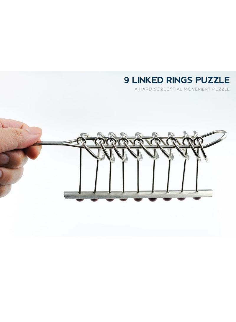 9 Linked Rings Metal Puzzle, Traditional Brain Teasers Mind Game for Adults and Kids, Classical Handheld IQ Trick Toy, Perfect Gift, Suitable for Anyone