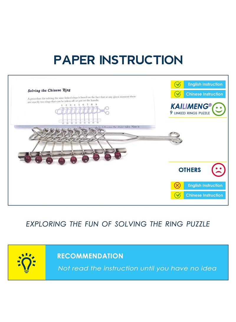 9 Linked Rings Metal Puzzle, Traditional Brain Teasers Mind Game for Adults and Kids, Classical Handheld IQ Trick Toy, Perfect Gift, Suitable for Anyone