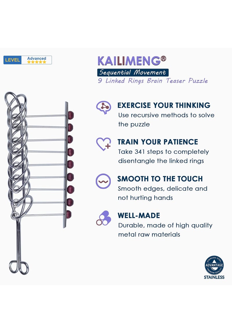 9 Linked Rings Metal Puzzle, Traditional Brain Teasers Mind Game for Adults and Kids, Classical Handheld IQ Trick Toy, Perfect Gift, Suitable for Anyone