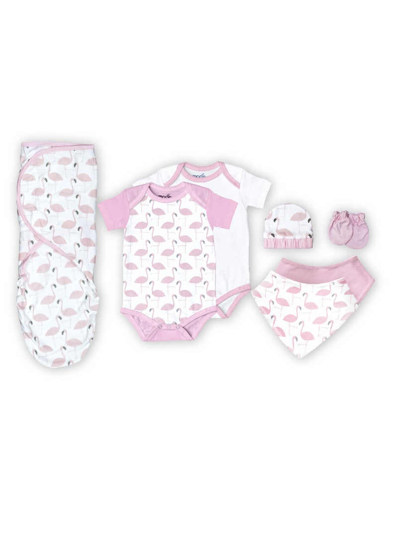 Organic Baby Gift Set Of 7 Rompers-Swaddle-Bibs-Hat-Mitten Set For 3-6 Months Pink