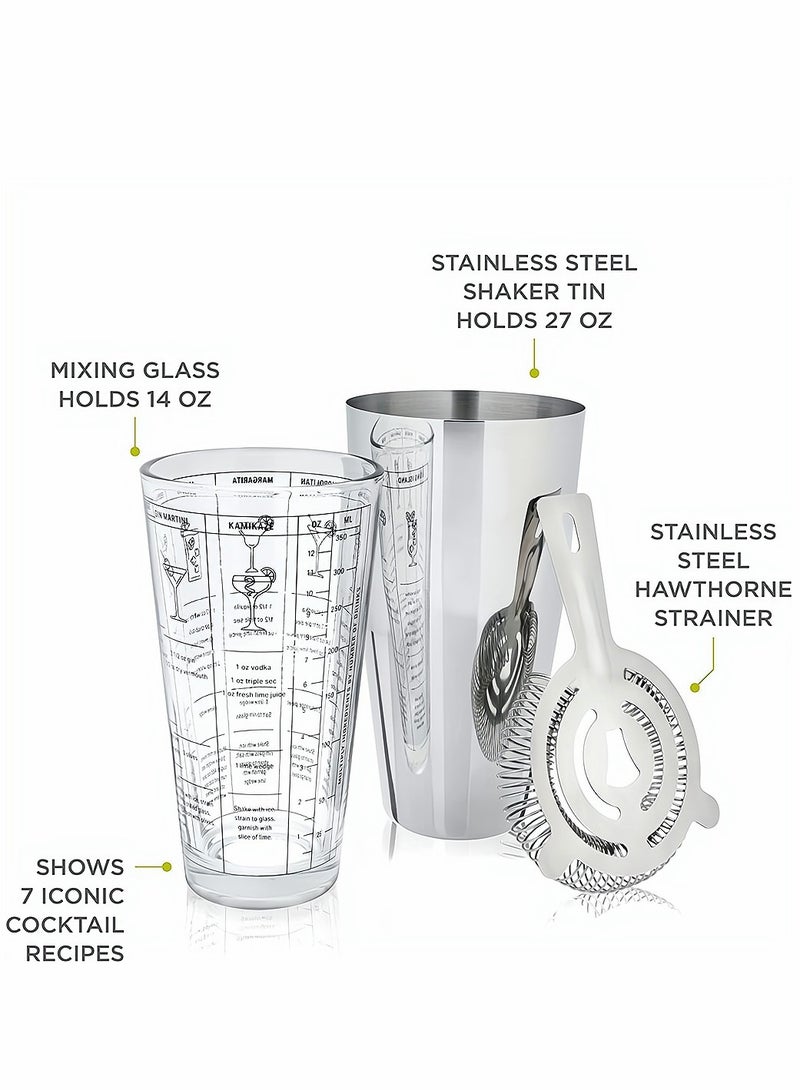 Boston Cocktail Shaker 3 Piece Professional Shaker Bar Set for Professional Bartenders and Home Cocktail Lover Bartending Essential Tools 14oz Mixing Glass 27oz Shaking Tin and Hawthorne Strainer