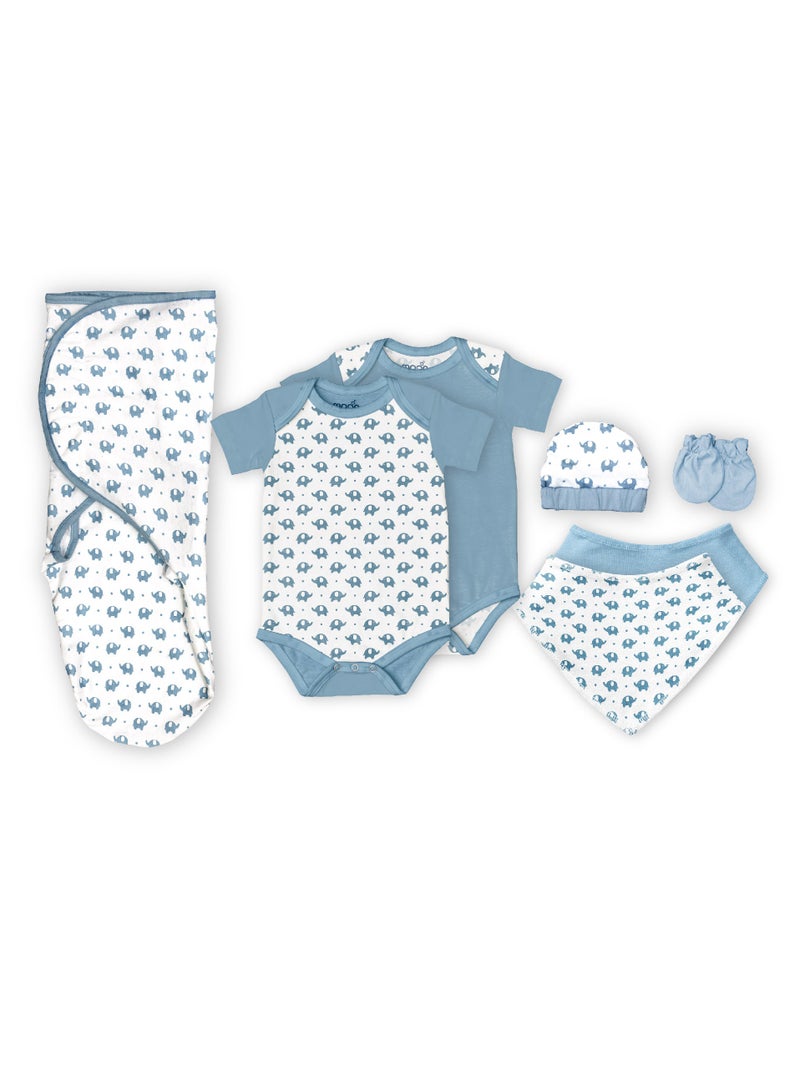 Organic Baby Gift Set Of 7 Rompers Swaddle Bibs Hat Mitten Set For 3-6 Months Blue