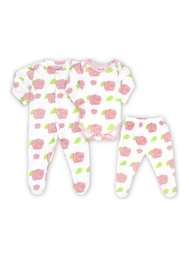 Organic Baby 3 In 1 Gift Set Romper Body Suit Jogger For 0-3 Months - Rose Print