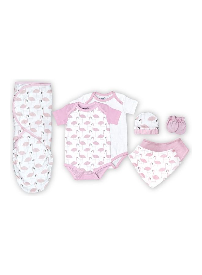 Organic Baby Gift Set Of 7 Rompers-Swaddle-Bibs-Hat-Mitten Set For 3 - 6 Months