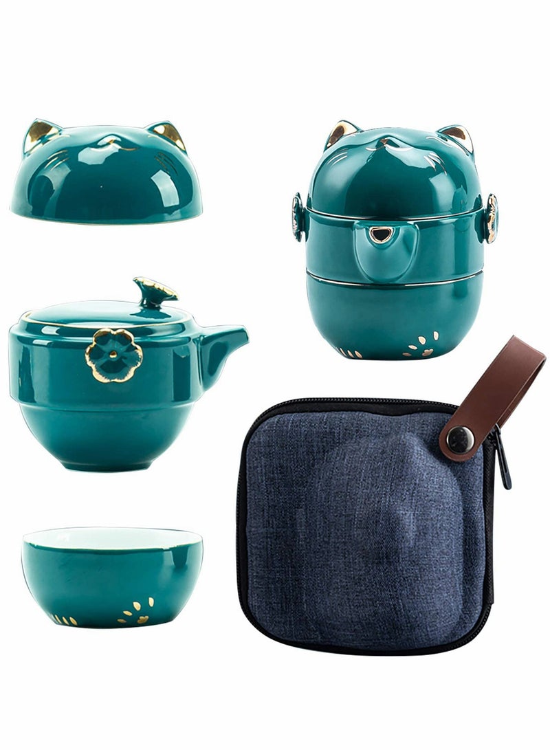 Portable Ceramic Tea Cup Set: Lucky Cat Porcelain Teapot Set with Tea Strainer - Lids and 1 Shockproof Storage Case - Suitable for Travel - Outdoor Picnic - Office Work - Home