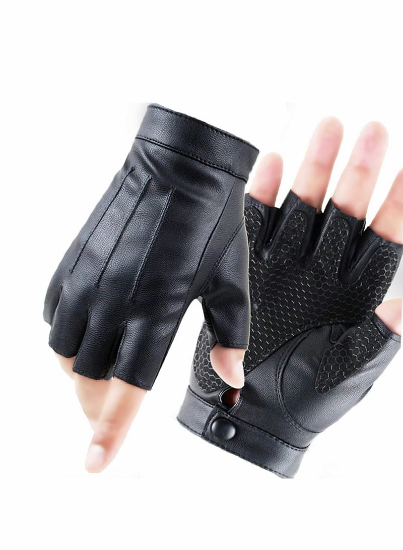 Fingerless Driving PU Leather Gloves Outdoor Sport Faux Half Finger with Anti-Slip Layer Glove for Men Women