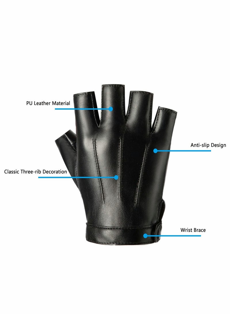 Fingerless Driving PU Leather Gloves Outdoor Sport Faux Half Finger with Anti-Slip Layer Glove for Men Women
