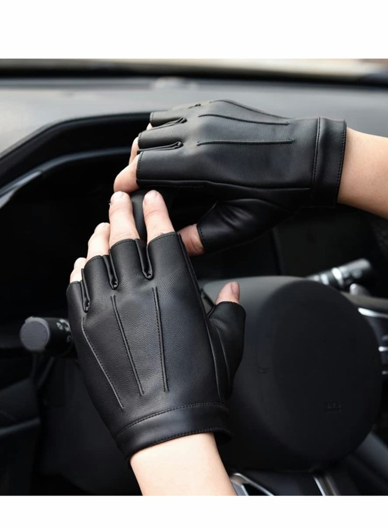 Fingerless Driving PU Leather Gloves Outdoor Sport Faux Half Finger with Anti-Slip Layer Glove for Men Women