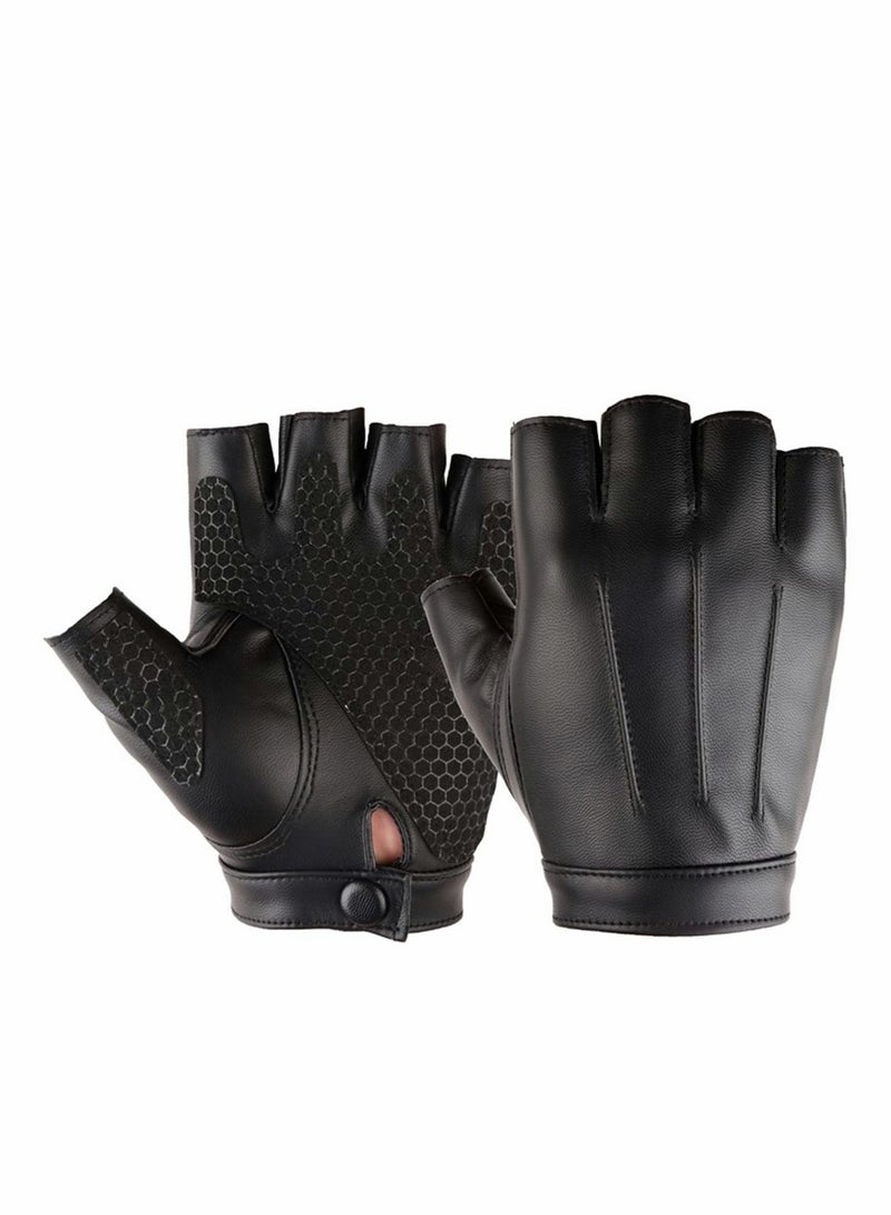 Fingerless Driving PU Leather Gloves Outdoor Sport Faux Half Finger with Anti-Slip Layer Glove for Men Women