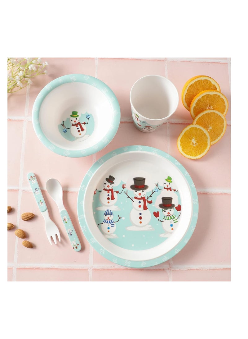 Voidrop Melamine Baby Set-Baby Dinnerware-Children's Dinnerware Set Includes Plate Bowl Glass Spoon and Fork Non-BPA Made of Durable Material And Perfect For Kids Snow Man Set Of 5