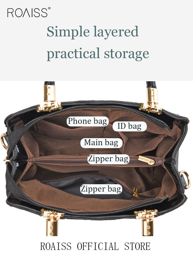 Women Shoulder Bag Fine PU Leather Smooth Zipper Large Capacity Multilayer Space Quality Inside Portable Waterproof Crossbody Handbag Tote Bag Black Multiple Carrying Methods